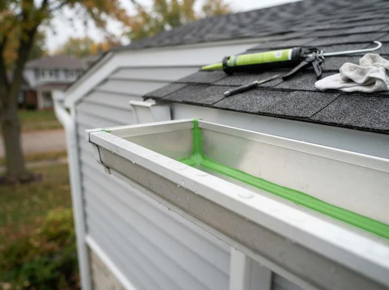 Professional gutter leak repair in progress Professional gutter leak repair in progress