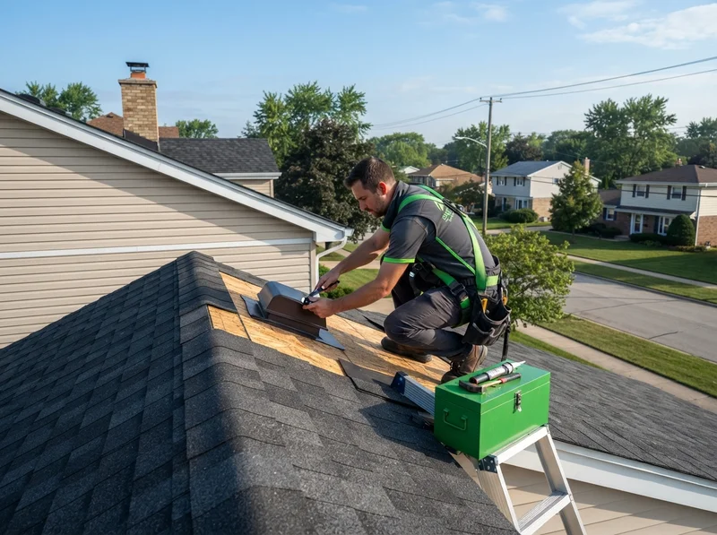 Professional roofer inspecting home exterior Professional roofer inspecting home exterior