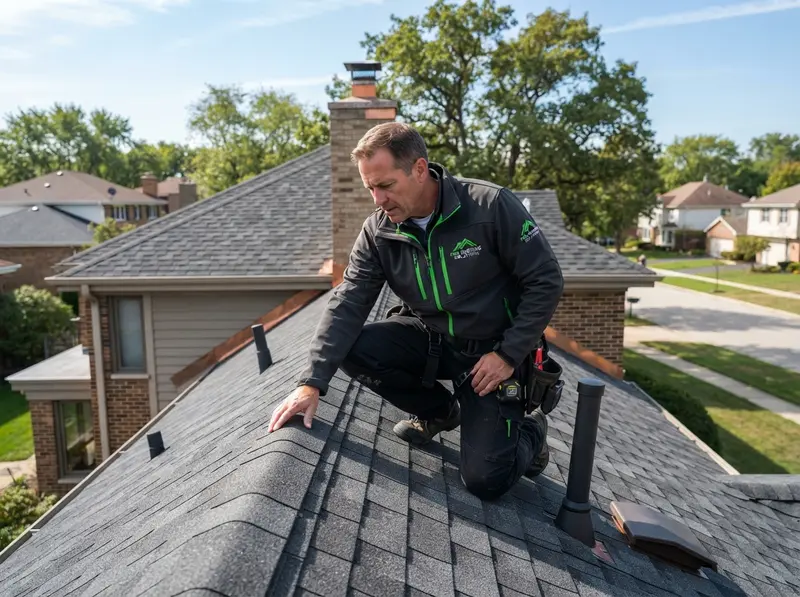 Professional roofer inspecting residential roof Professional roofer inspecting residential roof