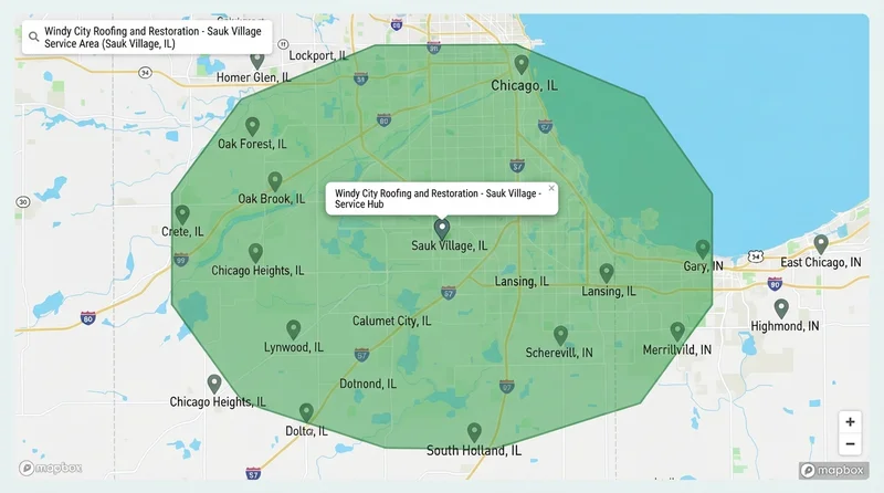 Service Area Map for Windy City Roofing